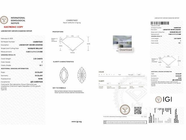 Diamant - 2.00 carat marquise geslepen diamant (gecertificeerd) - afbeelding 3 van  3
