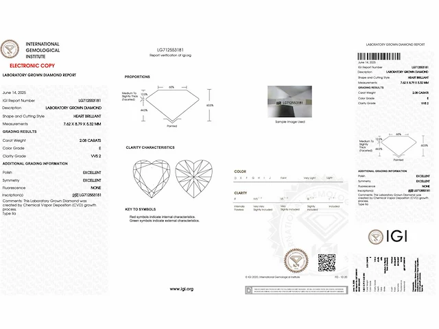 Diamant - 2.08 carat hart vorm geslepen diamant (gecertificeerd) - afbeelding 3 van  3