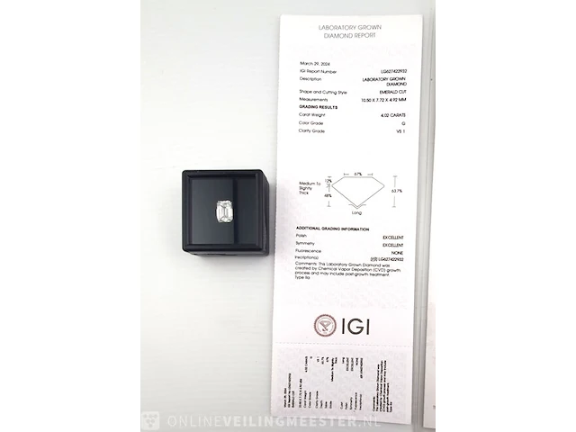 Diamant - 4.02 karaat emerald geslepen diamant ( igi gecertificeerd ), lab grown - afbeelding 4 van  6