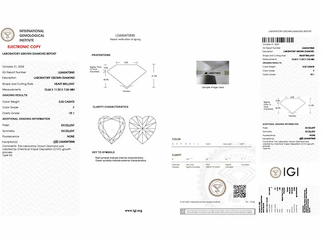 Diamant - 5.02 carat hart vorm geslepen diamant (gecertificeerd) - afbeelding 3 van  3