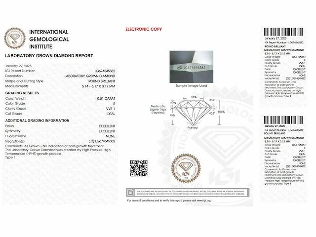 Diamant - circa 0,5 carat - briljant geslepen diamant (gecertificeerd) - afbeelding 5 van  5