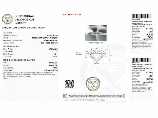 Diamant - circa 0,70 carat - briljant geslepen diamant (gecertificeerd) - afbeelding 6 van  6