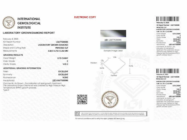 Diamant - circa 0,70 carat - princess geslepen diamant (gecertificeerd) - afbeelding 8 van  8