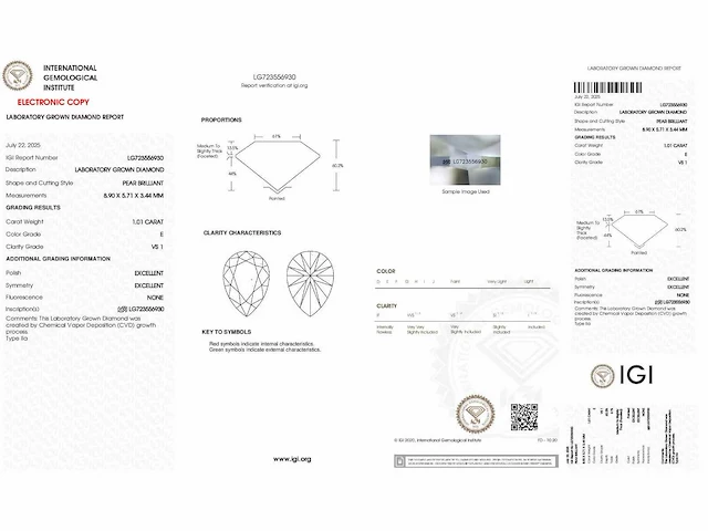 Diamant - circa 1,00 carat - pear geslepen diamant (gecertificeerd) - afbeelding 9 van  9