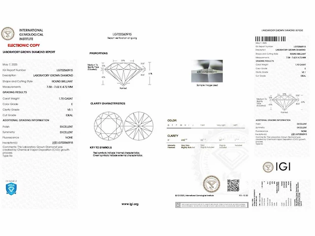Diamant - circa 1,70 carat - briljant geslepen diamant (vs1)(gecertificeerd) - afbeelding 6 van  6
