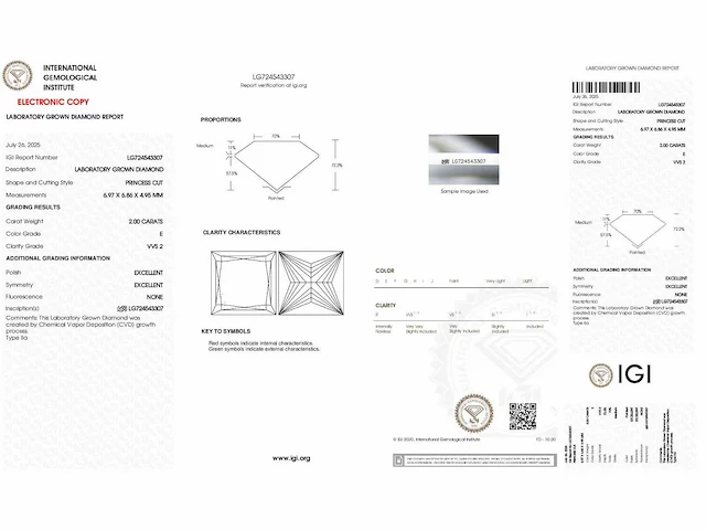 Diamant - circa 2,00 carat - princess geslepen diamant (gecertificeerd) - afbeelding 8 van  8