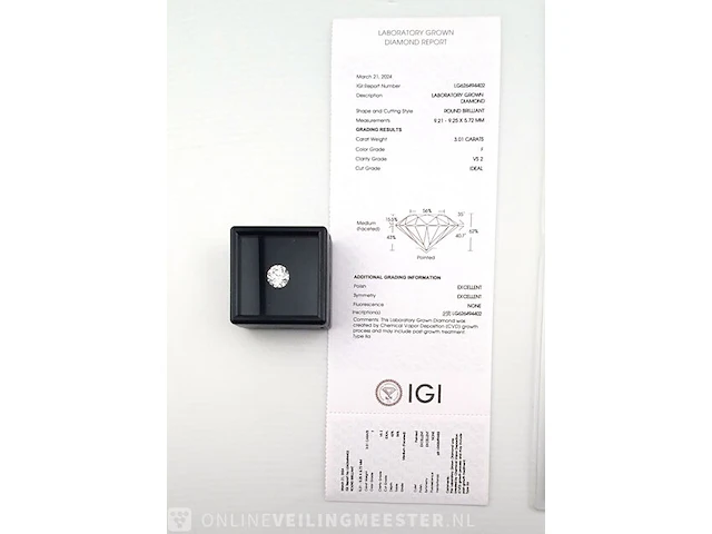 Diamant - circa 3.00 karaat briljant geslepen diamant ( igi gecertificeerd ), lab grown - afbeelding 5 van  7