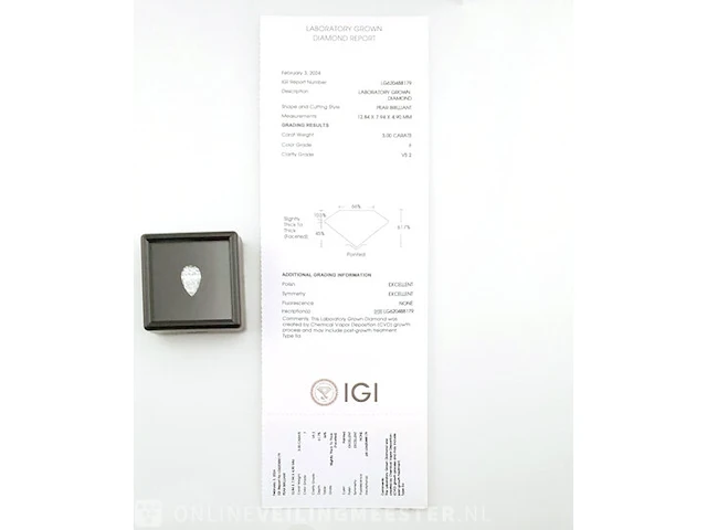 Diamant - circa 3.00 karaat peer vorm geslepen diamant ( igi gecertificeerd ), lab grown - afbeelding 4 van  6