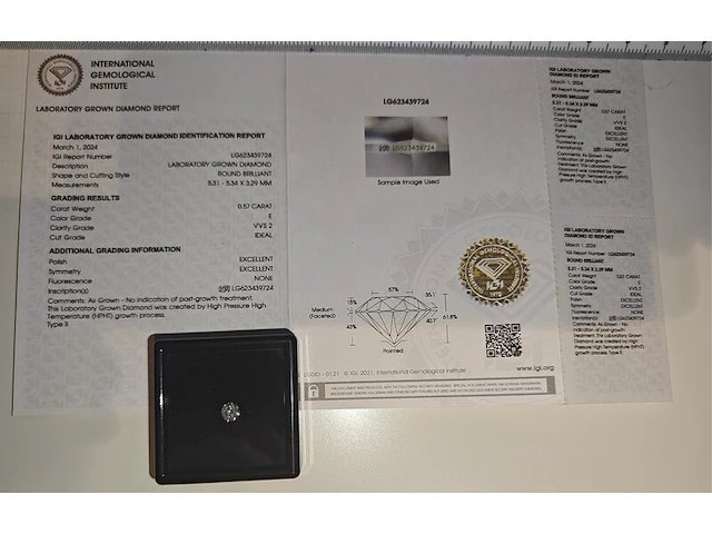 Diamant – 0.57 karaat briljant geslepen diamant (igi gecertificeerd) - afbeelding 6 van  6