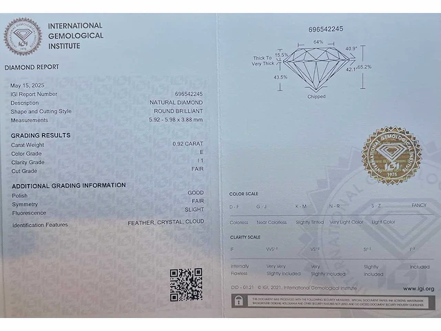 Diamant 0,92 crt. naturel kleur e met certificaat - afbeelding 2 van  5