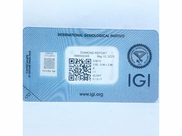 Diamant 0,92 crt. naturel kleur e met certificaat - afbeelding 4 van  5