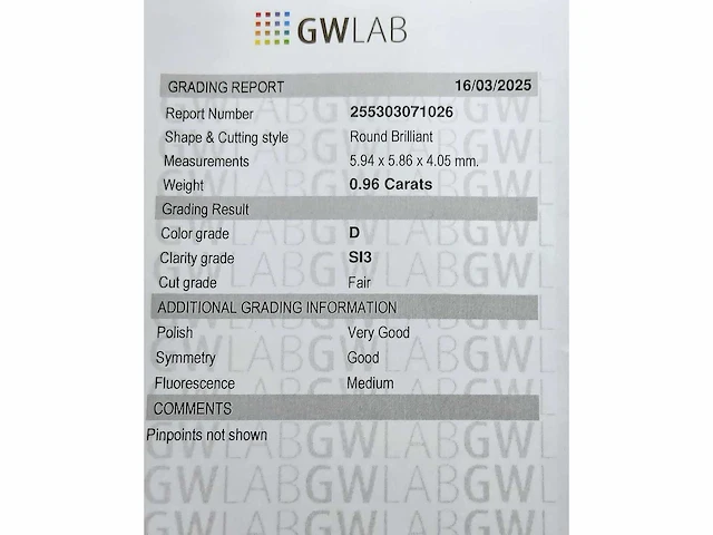 Diamant 0,96 crt. naturel kleur d met certificaat - afbeelding 6 van  6