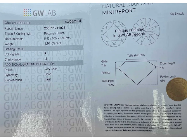 Diamant 1,01 crt. naturel kleur f - afbeelding 2 van  5