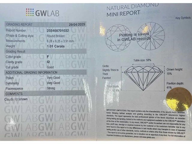 Diamant 1,01 crt. naturel kleur f - afbeelding 3 van  5