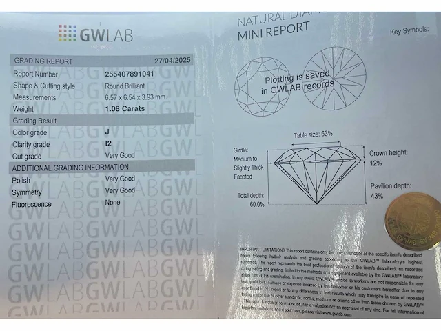 Diamant 1,08 crt. naturel kleur j - afbeelding 2 van  5