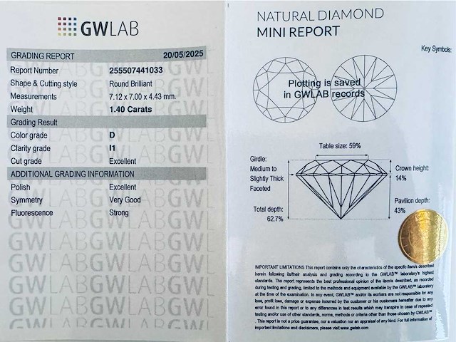Diamant 1,40 crt. naturel kleur d - afbeelding 2 van  5
