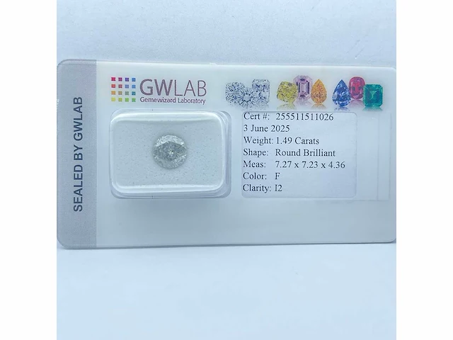 Diamant 1,49 crt. naturel kleur f - afbeelding 1 van  5