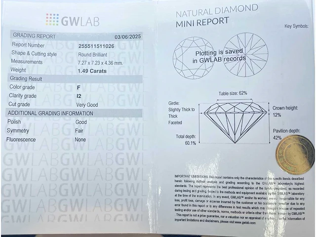 Diamant 1,49 crt. naturel kleur f - afbeelding 2 van  5