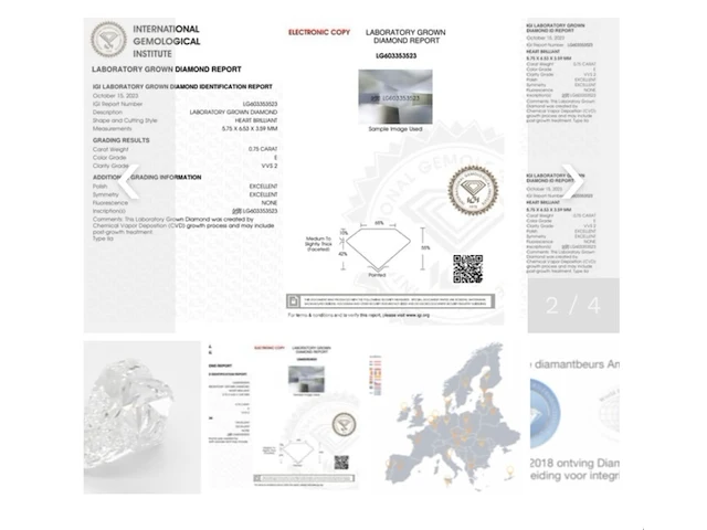 Diamant hart 0.75 carat, igi gecertificeerd - afbeelding 2 van  2