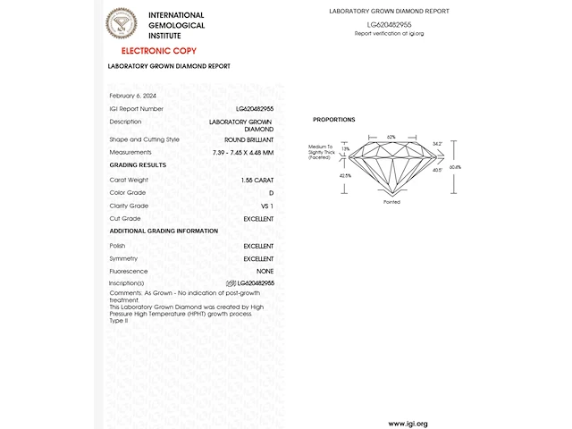 Diamant round brilliant - 1.55ct ( igi gecertificeerd ) - afbeelding 9 van  14
