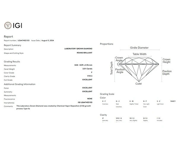 Diamant round brilliant - 2.01ct ( igi gecertificeerd ) - afbeelding 3 van  4