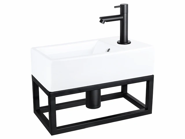 Differnz force fonteinset wasbak keramiek wit rechte kraan mat zwart standaard greep 40 x 22 x 11.5 cm met handdoekrek zwart - afbeelding 1 van  1