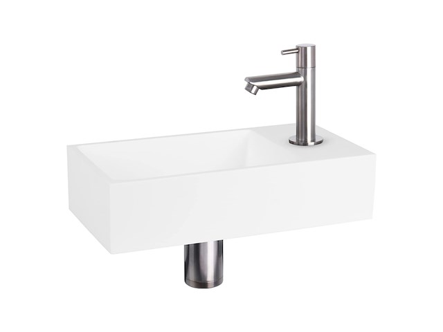Differnz solid fonteinset wasbak solid surface wit rechte kraan mat chroom standaard greep - afbeelding 2 van  5