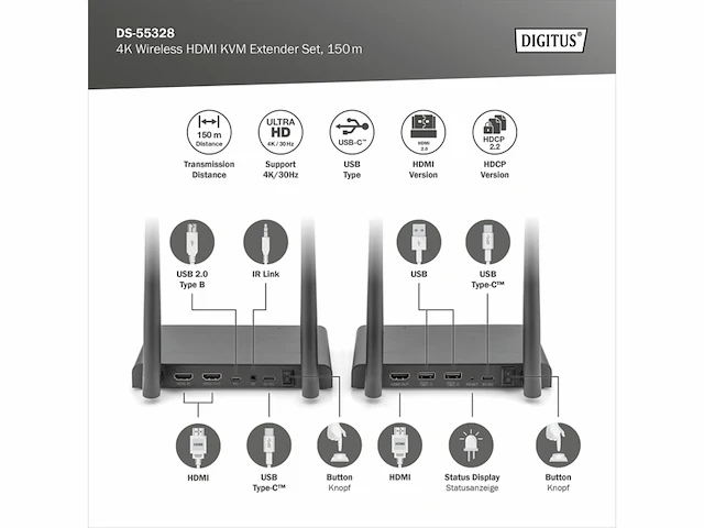 Digitus draadloze hdmi kvm extender set bereik tot 150 m ultrahd 4k/30hz pointtopoint hdmi loop out ir transmissie zwart - afbeelding 3 van  4