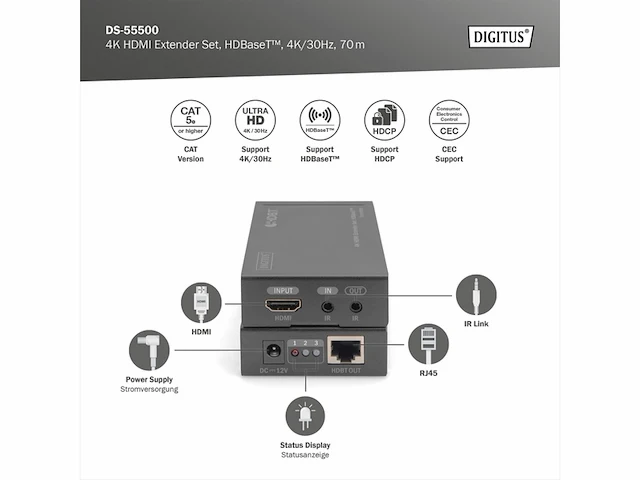 Digitus hdmi extender 4k/30hz zender & ontvanger hdbaset hdcp 2.2 bereik tot 70m zwart - afbeelding 2 van  3
