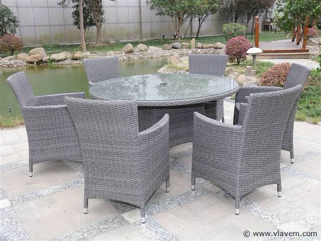 Dining set 7-delig - grijs wicker met grijze kussens - glazen tafelblad - afbeelding 1 van  3