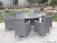 Dining set 7-delig - grijs wicker met grijze kussens - glazen tafelblad - afbeelding 1 van  3