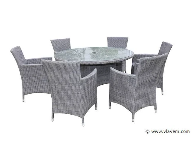 Dining set 7-delig - grijs wicker met grijze kussens - glazen tafelblad - afbeelding 2 van  3