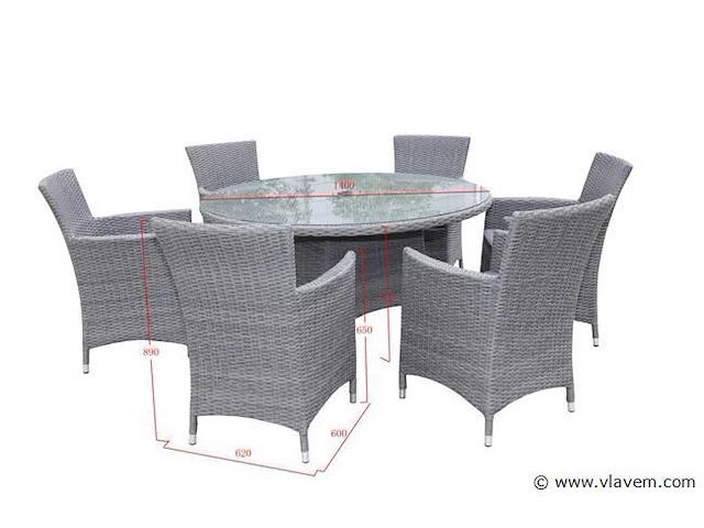 Dining set 7-delig - grijs wicker met grijze kussens - glazen tafelblad - afbeelding 3 van  3