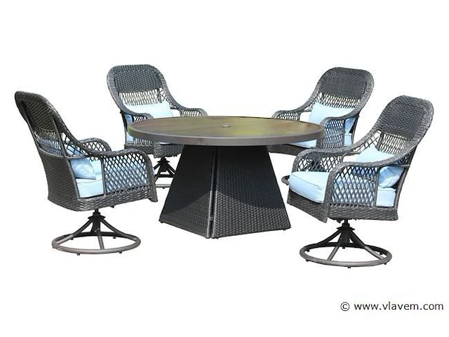 Dining set redonda | 5-delig | wicker | antraciet wicker + blauwe kussens - afbeelding 2 van  3