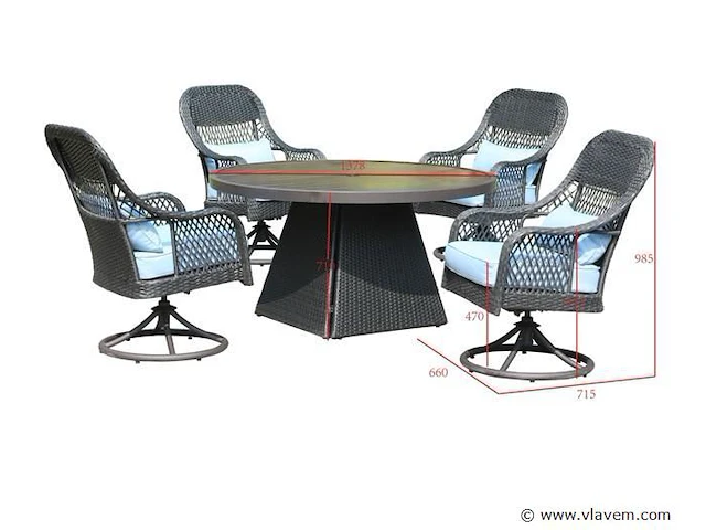 Dining set redonda | 5-delig | wicker | antraciet wicker + blauwe kussens - afbeelding 3 van  3