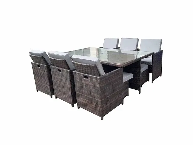 Diningset 11-delig brown wicker / licht grijze kussens - afbeelding 1 van  2