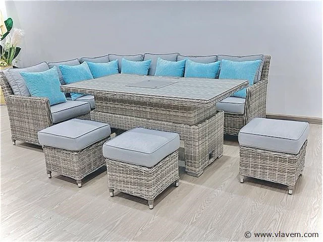 Diningset 6-delig light grey wicker / light grijze kussens - afbeelding 1 van  2
