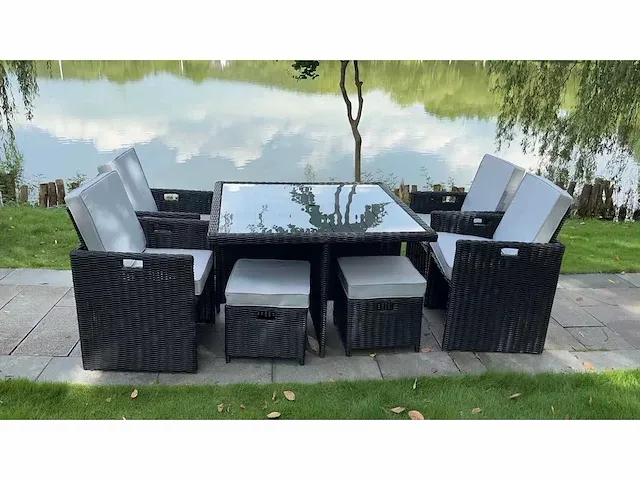 Diningset 9-delig black wicker / witte kussens - afbeelding 1 van  2