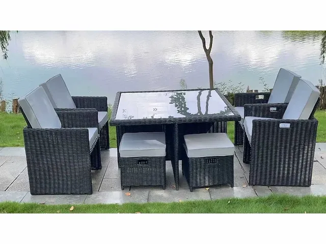 Diningset 9-delig black wicker / witte kussens - afbeelding 2 van  2