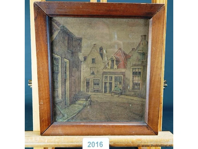 Dorpsstraatje achter glas en in houten lijst - afbeelding 1 van  5
