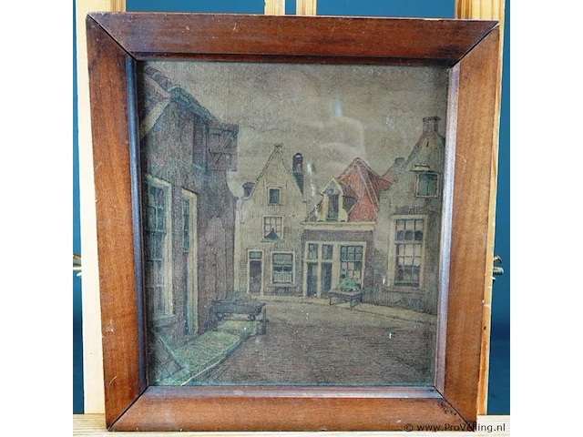Dorpsstraatje achter glas en in houten lijst - afbeelding 2 van  5