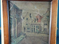 Dorpsstraatje achter glas en in houten lijst - afbeelding 2 van  5