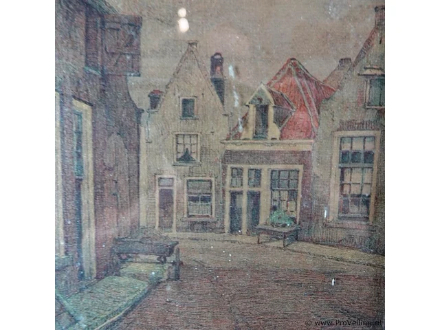 Dorpsstraatje achter glas en in houten lijst - afbeelding 3 van  5