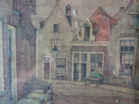 Dorpsstraatje achter glas en in houten lijst - afbeelding 3 van  5