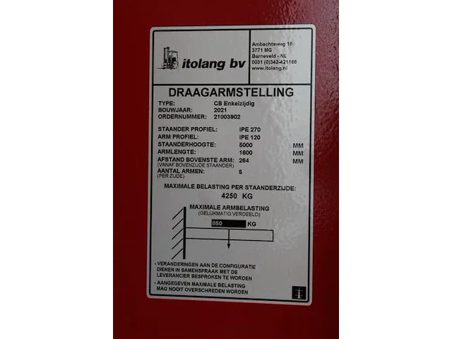 Driedelige draagarmstelling itolang 230 x 185 x 500 cm. met vijftien armen met lengte 160 cm. bouwjaar 2021... - afbeelding 3 van  4