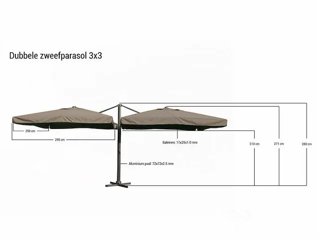 Dubbel hangende parasol oranje 300x300 cm - afbeelding 2 van  2