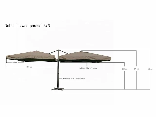 Dubbel hangende parasol zandkleurig (2 * 300x300cm) - afbeelding 2 van  2