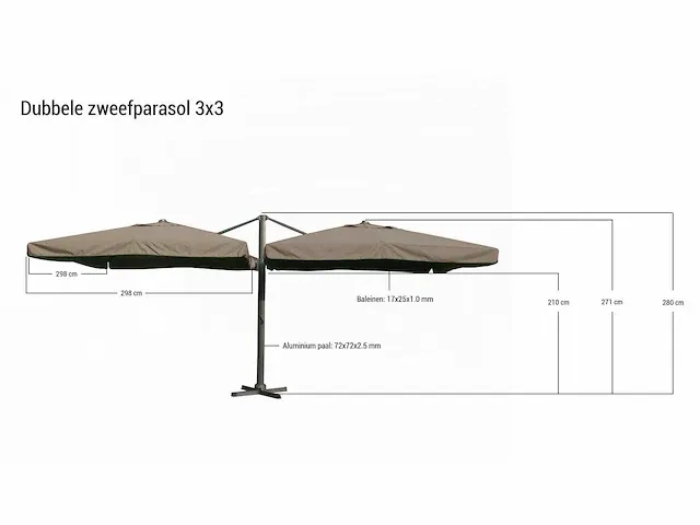 Dubbele hangende parasol donkergrijs (2 * 300x300cm) - afbeelding 2 van  2