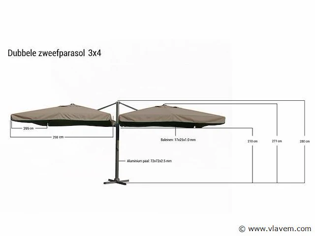 Dubbele hangende parasol zandkleurig (2 * 300x400 cm) - afbeelding 2 van  3