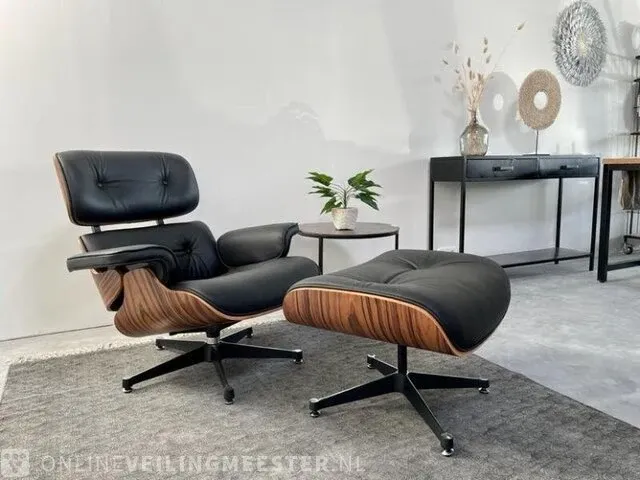 Eames lounge chair met ottoman in palissander en echt zwart leer replica, palissander / zwart - afbeelding 1 van  13